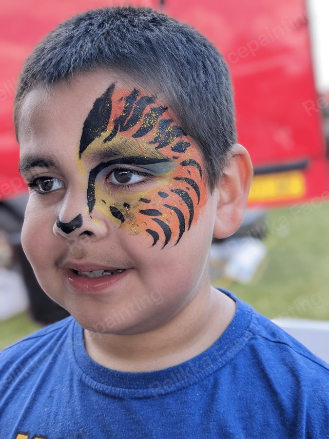 Child with a bold orange, gold and black tiger face painting sweeping around one eye